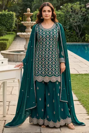 Teal green premium chinon embroidered sharara suit set with dupatta