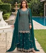 Teal green premium chinon embroidered sharara suit set with dupatta