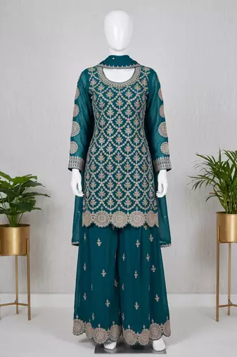 Teal green premium chinon embroidered sharara suit set with dupatta