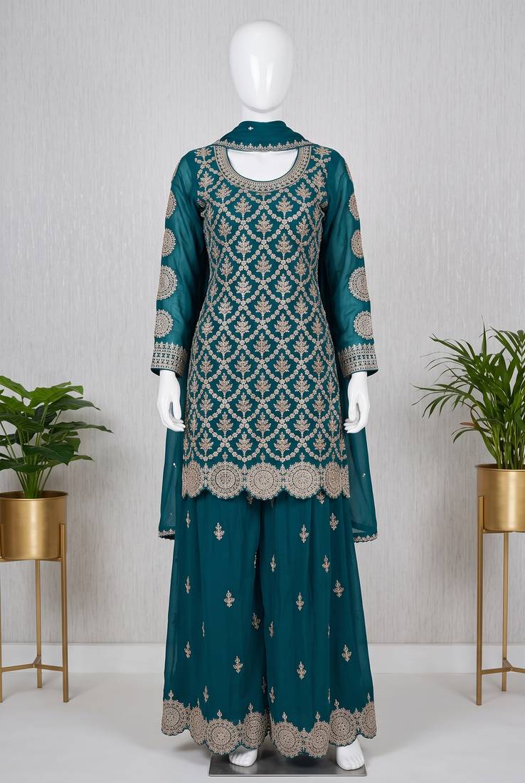 Teal green premium chinon embroidered sharara suit set with dupatta