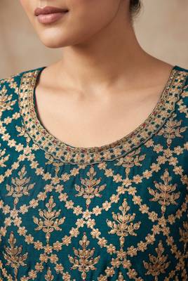 Teal green premium chinon embroidered sharara suit set with dupatta 3
