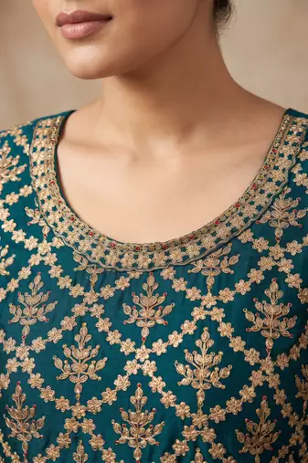 Teal green premium chinon embroidered sharara suit set with dupatta