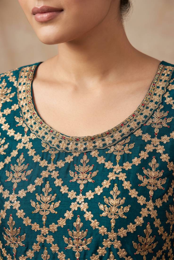 Teal green premium chinon embroidered sharara suit set with dupatta