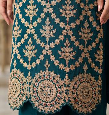 Teal green premium chinon embroidered sharara suit set with dupatta 4