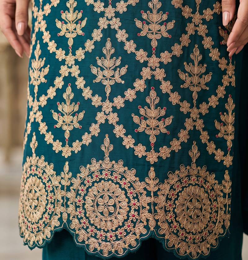 Teal green premium chinon embroidered sharara suit set with dupatta