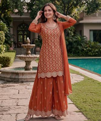 Orange premium chinon embroidered sharara suit set with dupatta 1