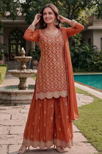 Orange premium chinon embroidered sharara suit set with dupatta