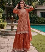 Orange premium chinon embroidered sharara suit set with dupatta