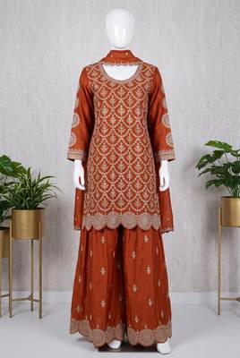 Orange premium chinon embroidered sharara suit set with dupatta 2