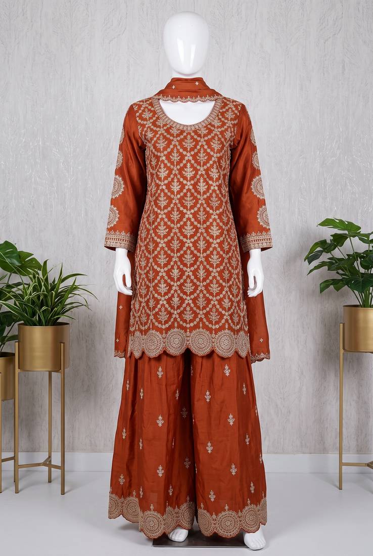 Orange premium chinon embroidered sharara suit set with dupatta