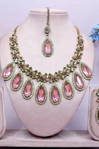 Pink designer premium festive wear necklace set