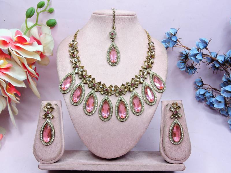 Pink designer premium festive wear necklace set