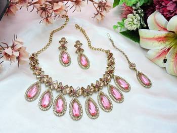Pink designer premium festive wear necklace set 2