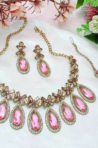 Pink designer premium festive wear necklace set