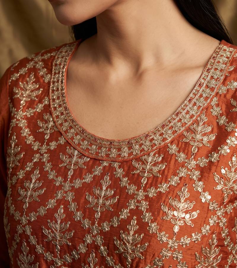 Orange premium chinon embroidered sharara suit set with dupatta