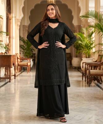 Black premium chinon beads work kurta palazzo set with border tassel dupatta 1