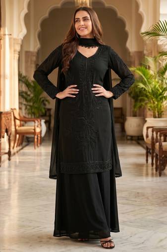 Black premium chinon beads work kurta palazzo set with border tassel dupatta