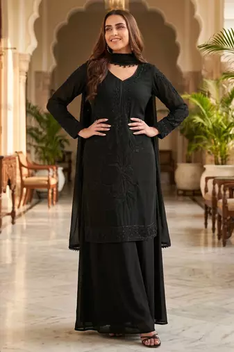 Black premium chinon beads work kurta palazzo set with border tassel dupatta