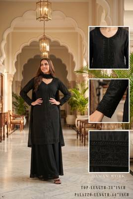Black premium chinon beads work kurta palazzo set with border tassel dupatta 2