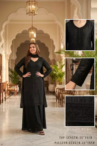 Black premium chinon beads work kurta palazzo set with border tassel dupatta