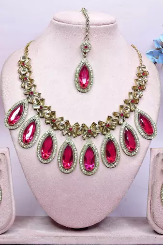 Pink designer premium festive wear necklace set