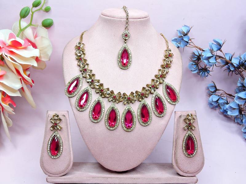 Pink designer premium festive wear necklace set