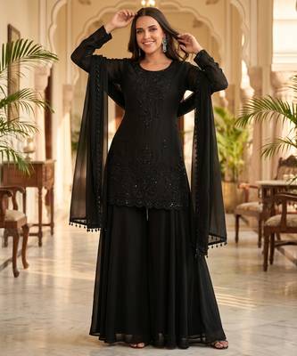 Black premium chinon beads work kurta palazzo set with border tassel dupatta 1