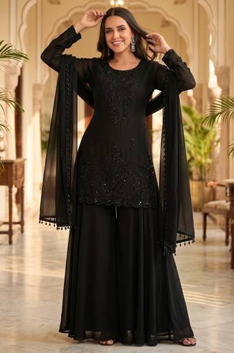 Black premium chinon beads work kurta palazzo set with border tassel dupatta