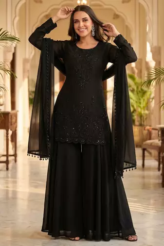 Black premium chinon beads work kurta palazzo set with border tassel dupatta