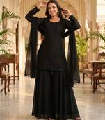 Black premium chinon beads work kurta palazzo set with border tassel dupatta