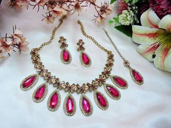 Pink designer premium festive wear necklace set 2