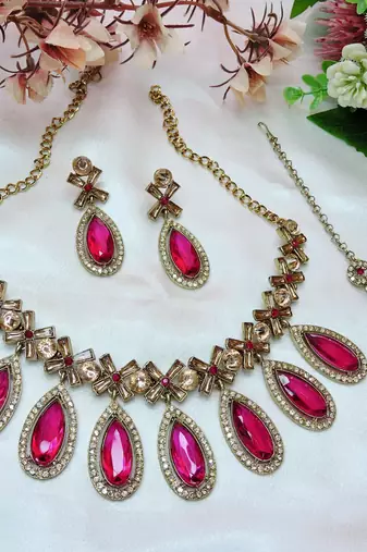 Pink designer premium festive wear necklace set