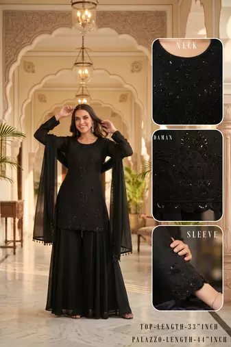 Black premium chinon beads work kurta palazzo set with border tassel dupatta