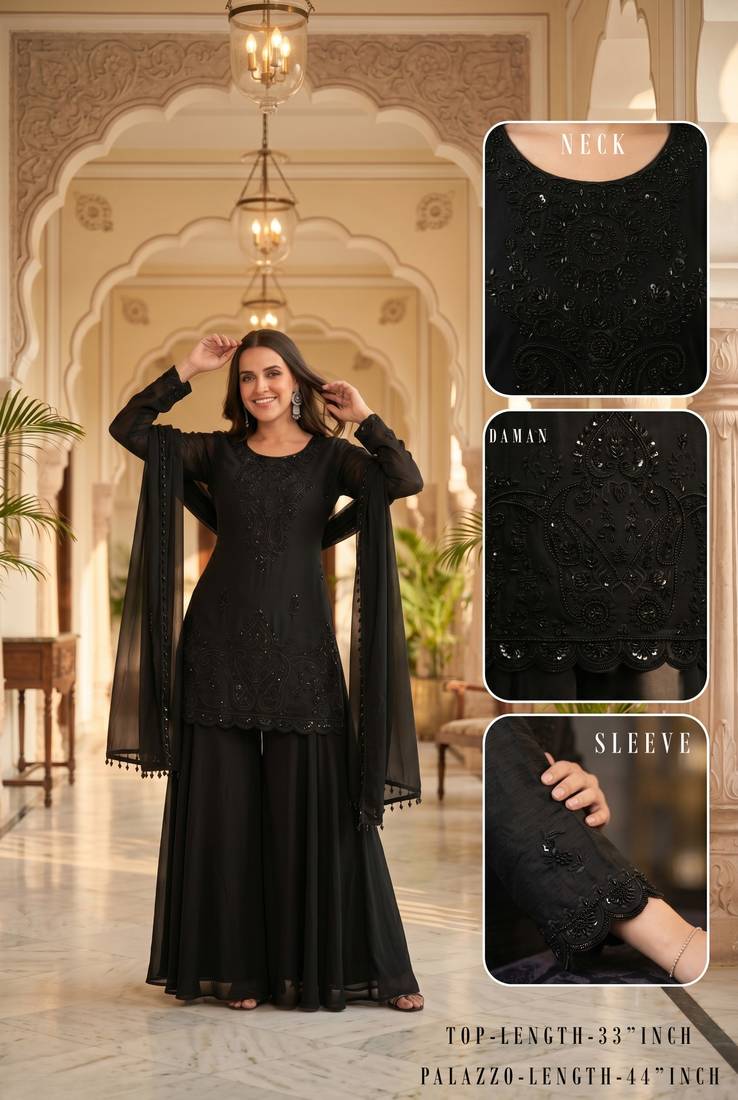 Black premium chinon beads work kurta palazzo set with border tassel dupatta