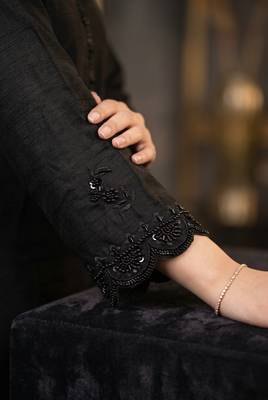 Black premium chinon beads work kurta palazzo set with border tassel dupatta 4