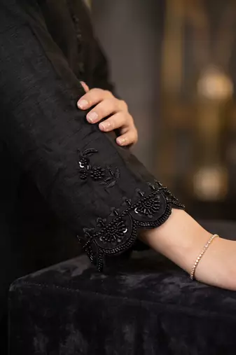 Black premium chinon beads work kurta palazzo set with border tassel dupatta