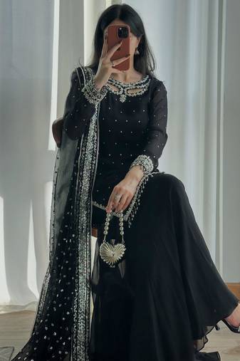Black faux georgette embroidered palazzo suit set with soft net dupatta