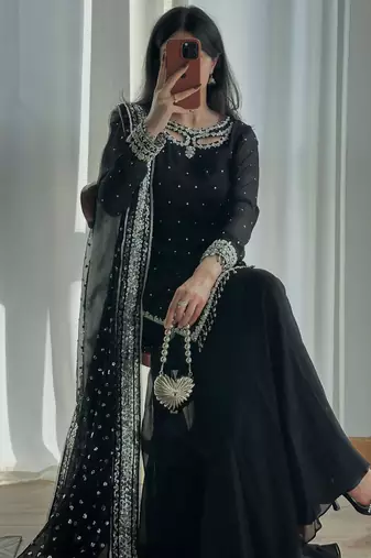 Black faux georgette embroidered palazzo suit set with soft net dupatta