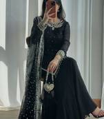 Black faux georgette embroidered palazzo suit set with soft net dupatta