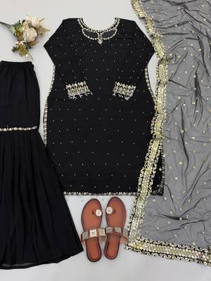 Black faux georgette embroidered palazzo suit set with soft net dupatta 2