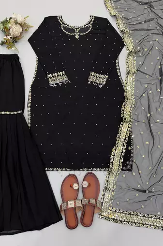 Black faux georgette embroidered palazzo suit set with soft net dupatta
