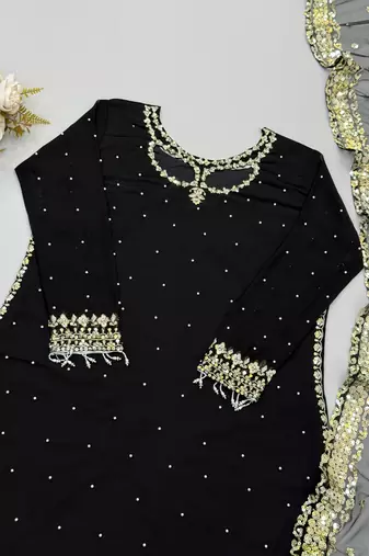 Black faux georgette embroidered palazzo suit set with soft net dupatta