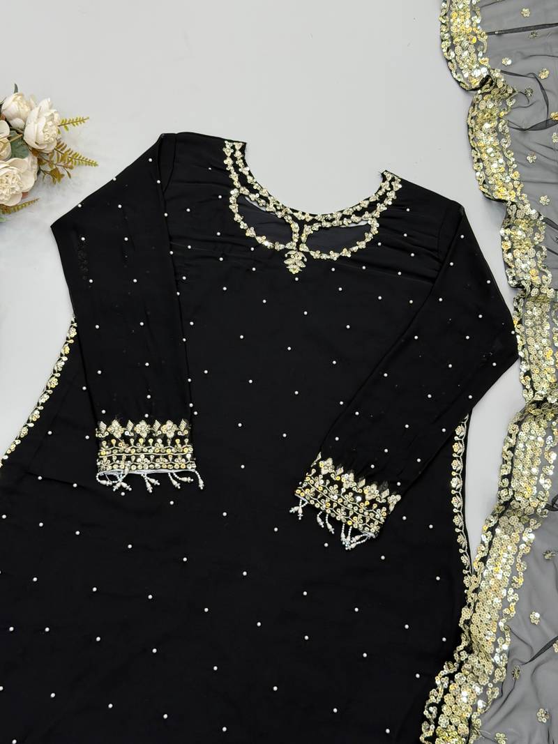 Black faux georgette embroidered palazzo suit set with soft net dupatta