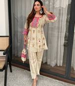 Cream cos moss embroidered kurta palazzo set with real mirror & sequin work