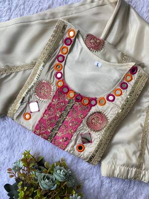 Cream cos moss embroidered kurta palazzo set with real mirror & sequin work 3