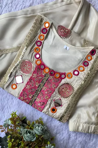 Cream cos moss embroidered kurta palazzo set with real mirror & sequin work
