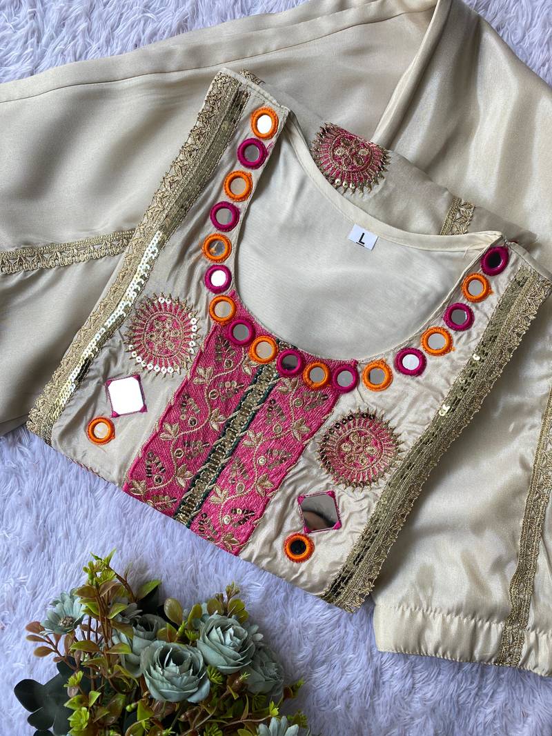 Cream cos moss embroidered kurta palazzo set with real mirror & sequin work