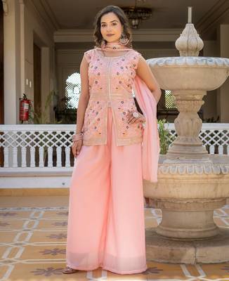 Peach georgette embroidered palazzo set with dupatta 1
