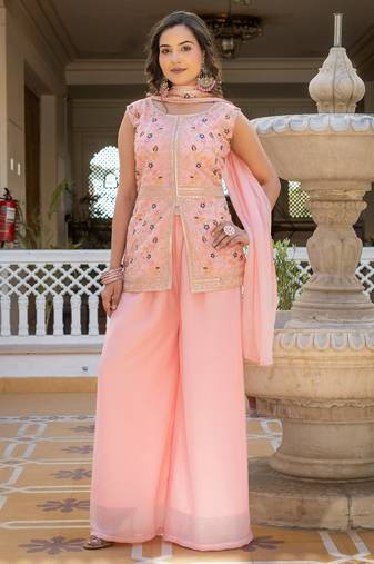 Peach georgette embroidered palazzo set with dupatta