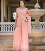 Peach georgette embroidered palazzo set with dupatta